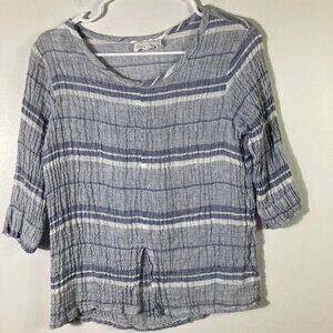 Womens Stella Moda Linen Cropped Tunic 3/4 Sleeve Blue White Striped S